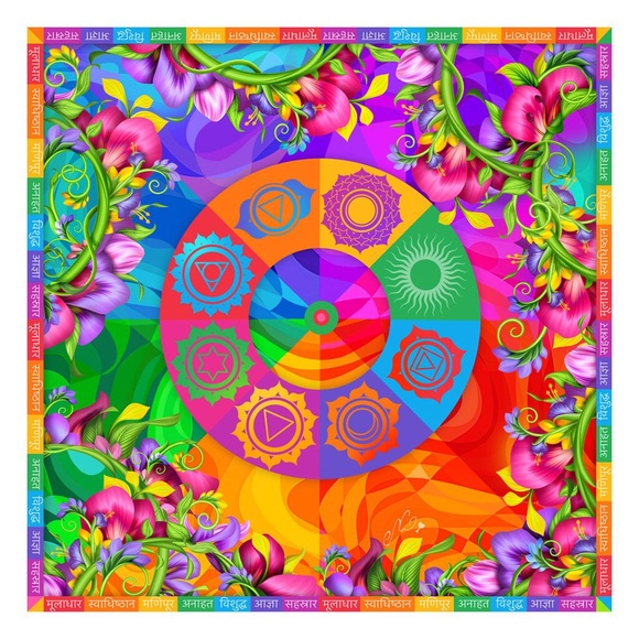 Pure silk square scarf floral wrap "Chakras" - chakra symbols - Picture 1 of 9